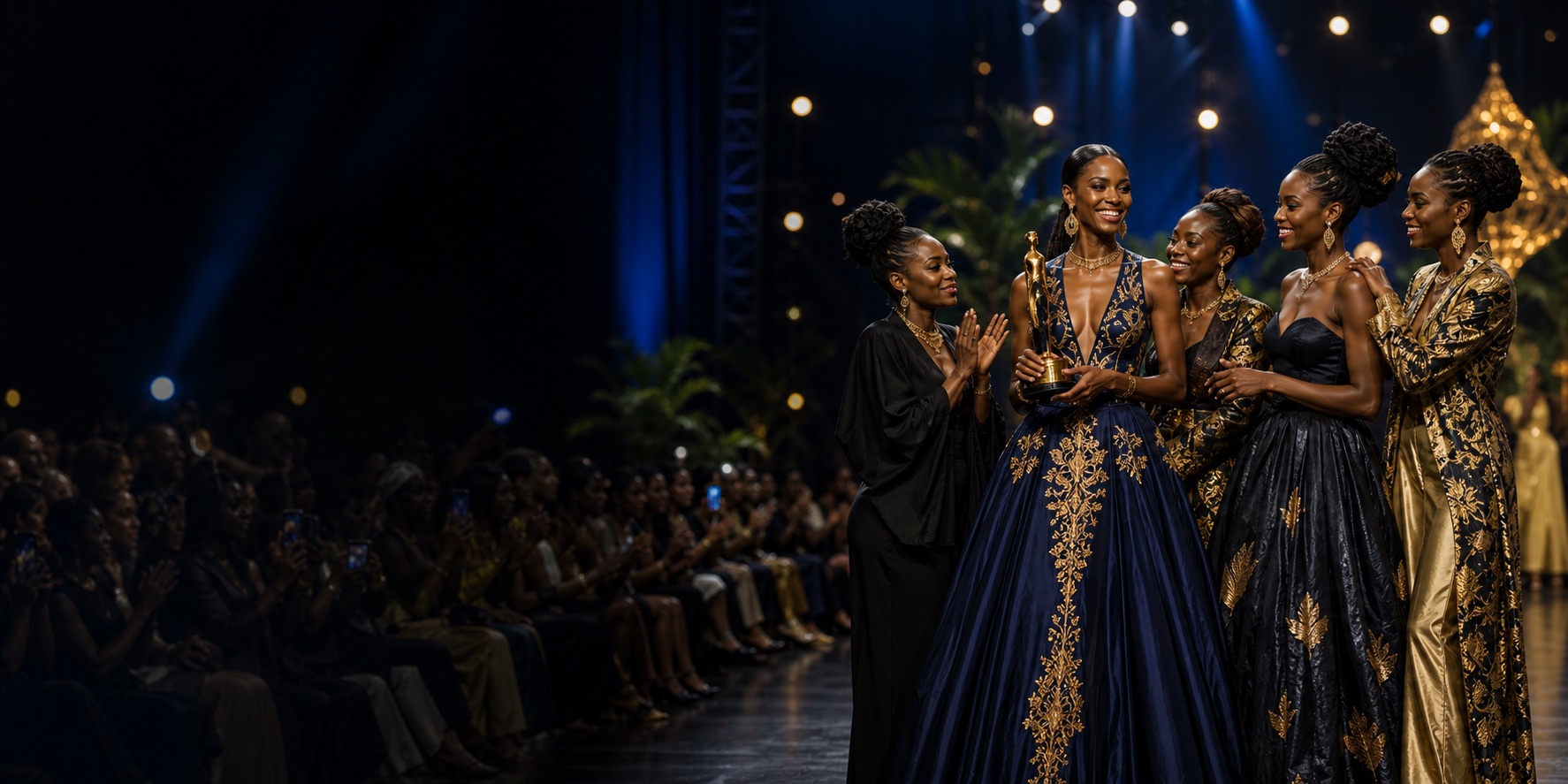 Scene de gala FEMOGA Awards avec createurs et mannequins